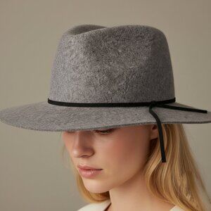 Gray Wool-Look Felt Wide Brim Hat with Cord Tie Garage